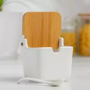 Банка для сыпучих продуктов BellaTenero, 280 мл, 99,5 см, с ложкой, бамбуковая крышка, фарфор, белая