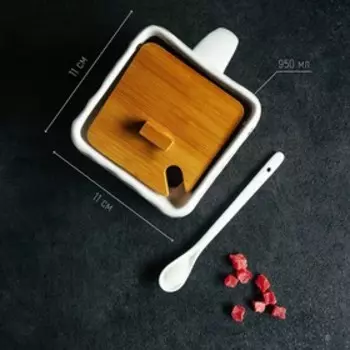 Банка для сыпучих BellaTenero, 800 мл, 14.511 см, с ложкой, с бамбуковой крышкой, фарфор, белая