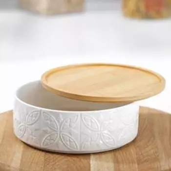 Банка для сыпучих BellaTenero «Листья», 500 мл, 139.5 см, с бамбуковой крышкой, фарфор, белая