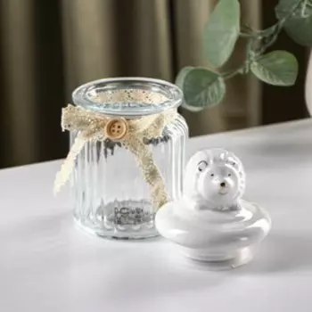 Банка для сыпучих Доляна «Ёжик в золотом», 230 мл, 7.815 см, с керамической крышкой, стекло, прозрачная