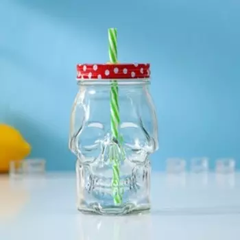 Кружка Доляна «Череп. Хэллоуин», 400 мл, 914.5 см, с крышкой и трубочкой, стекло, МИКС