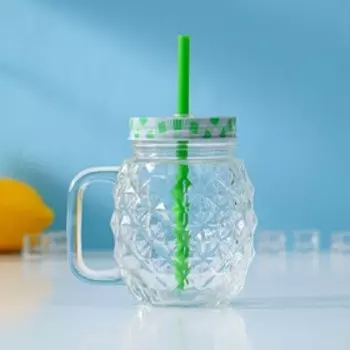 Кружка Доляна «Ананас», 500 мл, 118.513 см, стекло, с крышкой и трубочкой, прозрачная, зелёная