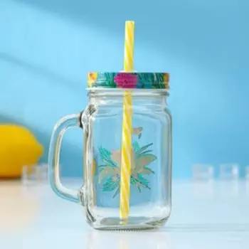 Кружка Доляна «Фламинго», 450 мл, 107.513 см, стекло, с крышкой и трубочкой, прозрачный