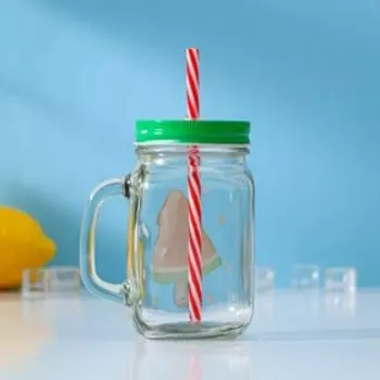 Кружка стеклянная с крышкой и трубочкой Доляна «Фреш», 450 мл, 11713 см, рисунок МИКС