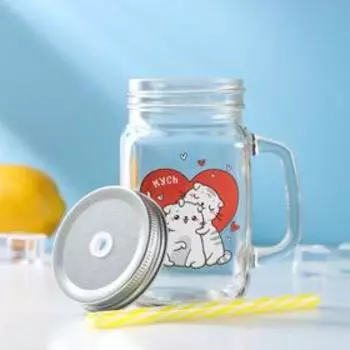 Кружка Доляна «Котик», 450 мл, 107.513 см, стекло, с ручкой, крышкой и трубочкой