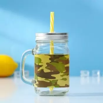 Кружка Доляна «Милитари», 450 мл, 107.513 см, с крышкой и трубочкой, стекло, прозрачная, зелёная