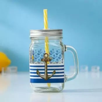 Кружка Доляна «Моряк», 450 мл, 107.513 см, стекло, с крышкой и трубочкой, прозрачный