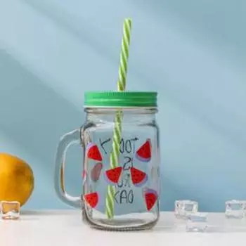 Банка с крышкой и трубочкой Доляна «Счастливый день», 450 мл, 10.57.513 см, стекло, МИКС