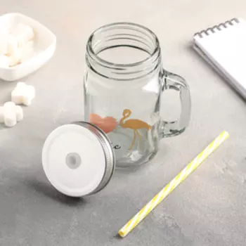 Кружка Доляна «Золотой фламинго», 450 мл, 107.513 см, с ручкой, крышкой и трубочкой, стекло, прозрачная