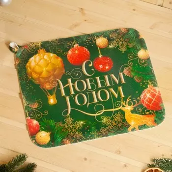 Набор для бани с принтом «С новым годом!», 5 предметов: шапка, рукавица, тапочки, коврик, войлок, зелёный, «Банная забава»