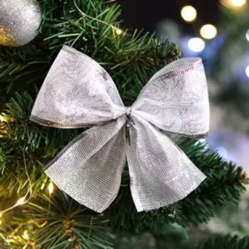 Бант новогодний, праздничный "Очарование", серебряный, 14 х 10 см