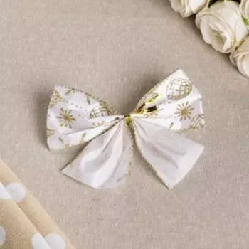 Бант новогодний, праздничный "Сочельник", белый с золотом, 14 х 10 см