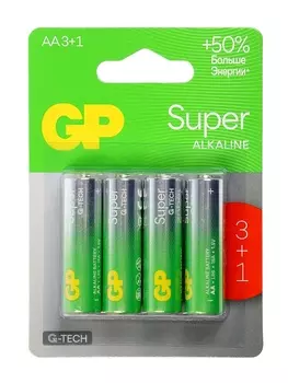 Батарейка алкалиновая GP Super, AA, LR6-4BL, 1.5 В, блистер, 3+1 шт.