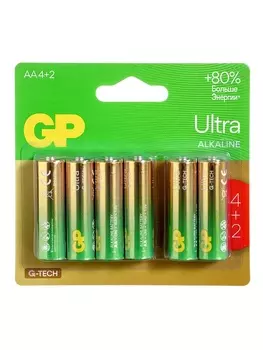 Батарейка алкалиновая GP Ultra, AA, LR6-6BL, 1.5 В, технология G-Tech, блистер, 6 шт.