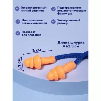 Беруши в пласт футл (силикон) 3*1,7см на шнурке 62,5см набор 10 пар цена за набор накл ОТ