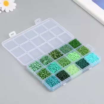 Бисер стекло 6/0, 8/0, 12/0 в шкатулке "Тёмно-зелёный" стеклярус 15,5х9,5х1,6 см