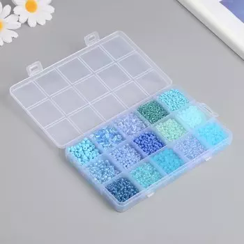 Бисер стекло 6/0, 8/0, 12/0 в шкатулке «Синий», стеклярус, 15.59.51.6 см