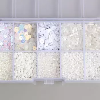 Бисер стекло 8/0, 12/0 в шкатулке «Белый», бусины, стеклярус и пайетки, 136.52.3 см