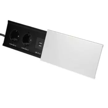 Блок розеточный в стол, сдвижная крышка, 10 А, 2 розетки, 2xUSB, 2A, провод 1.8 м, серебристый