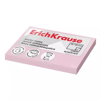 Блок с липким краем бумажный 75х50 мм, ErichKrause 100 листов, розовый