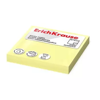 Блок с липким краем бумажный 75х75 мм, ErichKrause, 100 листов, желтый