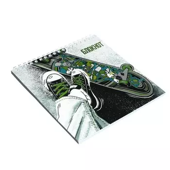 Блокнот 160 х 160 мм, 60 листов в клетку, на гребне "Яркий скейтборд", обложка мелованный картон,печать по фольге, выборочный ТВИН УФ-лак, блок 65 г/м2