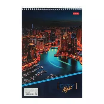 Блокнот А4, 80 листов на гребне Night City, обложка мелованный картон, жёсткая подложка, УФ-лак, блок 60 г/м2