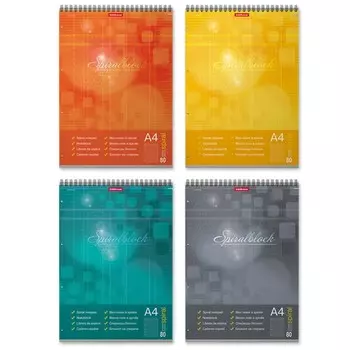 Блокнот на спирали А4, 80 листов, клетка, ErichKrause "Spiralblock", картонная обложка, твёрдая подложка, блок офсет, белизна 100%, микроперфорация, микс