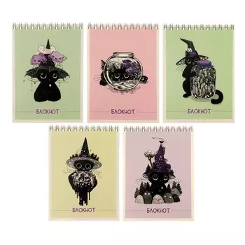 Блокнот А6 40 листов, на гребне, в клетку, "Ведьмочки", обложка мелованный картон, выборочный твин-лак, блок офсет 65, 5В ассорти