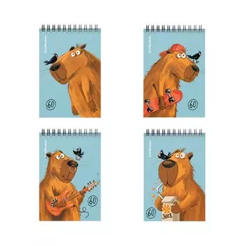 Блокнот на спирали А6, 60 листов в клетку, ErichKrause Happy Capy, картонная обложка, блок офсет 100% белизна, МИКС