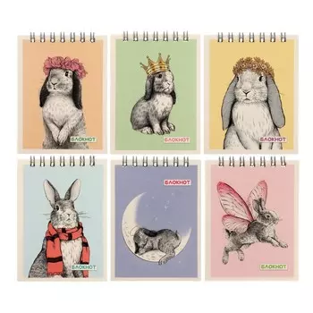 Блокнот А7, 40 листов в клетку на гребне "Кролики", обложка мелованный картон, выборочный твин-лак, блок 65 г/м2, МИКС