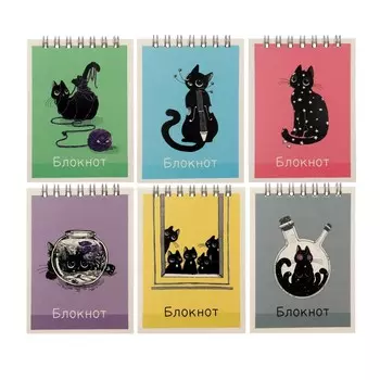 Блокнот А7, 40 листов в клетку на гребне "Уголёк", обложка мелованный картон, выборочный твин-лак, блок 65 г/м2, МИКС