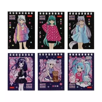 Блокнот А7, 60 листов в клетку, на гребне "Неко Тян аниме", обложка мелованный картон, блок 65 г/м, МИКС