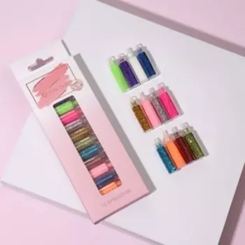 Блёстки для декора, мелкие, 12 бутылочек, в картонной коробке, разноцветные