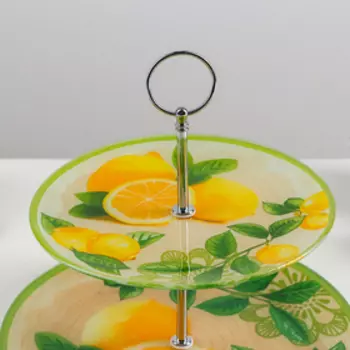 Этажёрка-фруктовница круглая Доляна «Дольче», 2 яруса, d=25/20 см, стекло, жёлтая