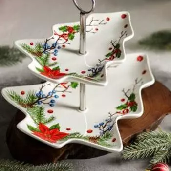 Блюдо 2-х ярусное Доляна «Новый год. Пуансеттия», 21×17×2,2 /29×24×26 см