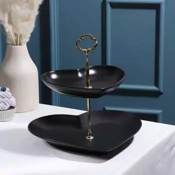 Блюдо 2-х ярусное «Сердца», 19×18/26×25 см, цвет чёрный