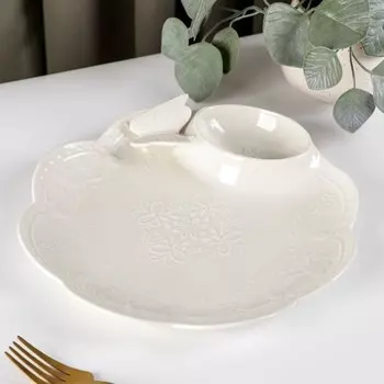 Блюдо Доляна «Бабочка», d=25 см, с соусником, керамика, белое