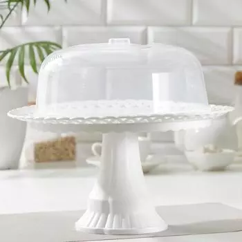 Блюдо для торта и пирожных на ножке с крышкой, 31×26 см, цвет белый