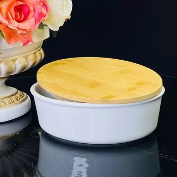 Блюдо для запекания Lenardi, круглое, бамбуковая крышка, фарфор, d=16 см