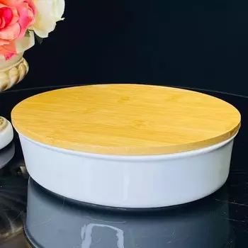 Блюдо для запекания Lenardi, овальное, бамбуковая крышка, фарфор, длина 24 см