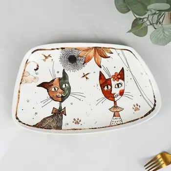 Блюдо фарфоровое сервировочное Доляна «Коты-аристократы», 3018.5 см, белое