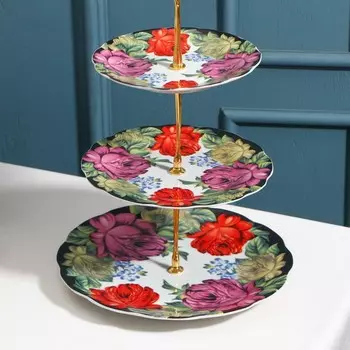 Этажёрка для фруктов и десертов Доляна «Роспись», 3 яруса, d=15/17.8/22.8 см, керамика, разноцветная