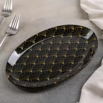 Блюдо стеклянное сервировочное Доляна «Золотое перо», овальное, 24,515 см, цвет чёрный