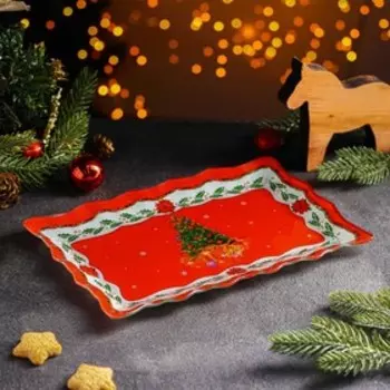 Блюдо стеклянное прямоугольное Доляна «Счастливого Нового года», 29,519 см, цвет красный