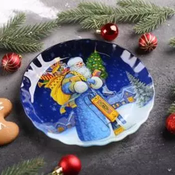 Блюдо новогоднее сервировочное Доляна «Дед Мороз», d=19 см, стекло, синее
