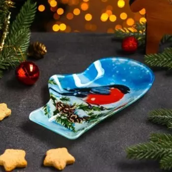 Блюдо новогоднее стеклянное сервировочное Доляна «Рукавица. Снегирь», 22,514 см