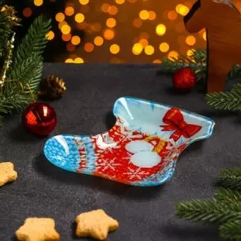 Блюдо новогоднее стеклянное сервировочное Доляна «Сапожок. Бубенчики», 1614 см