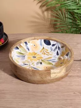 Блюдо «Желтые и синие цветы», 25.525.56 см, дерево манго