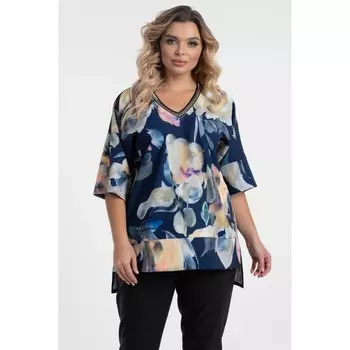 Блузка женская, размер 52, цвет синий, бежевый